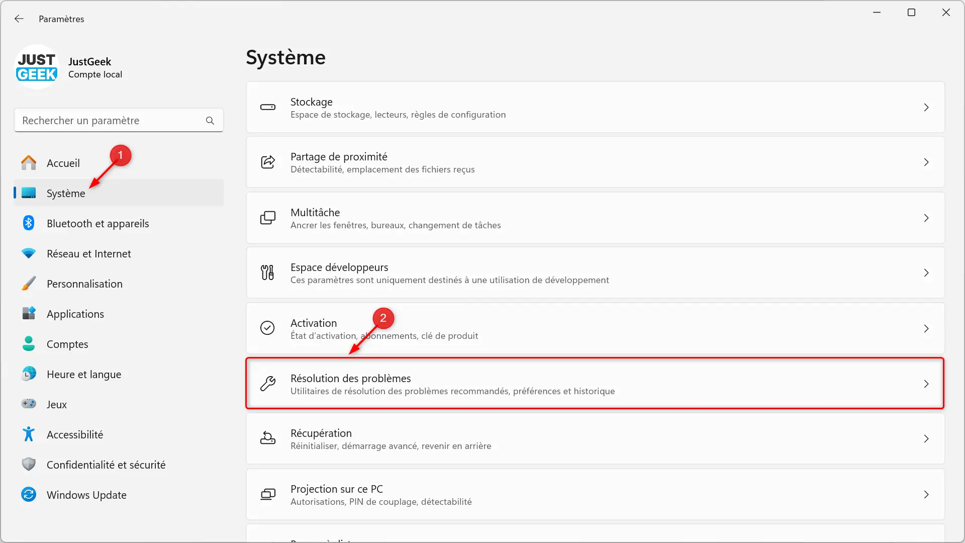 Accès à la section Résolution des problèmes depuis les paramètres système de Windows 11