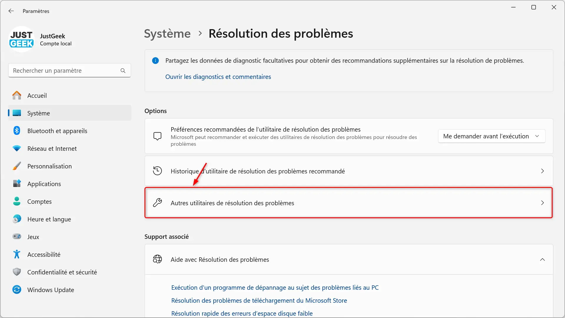 Accéder aux autres utilitaires de résolution des problèmes dans Windows 11