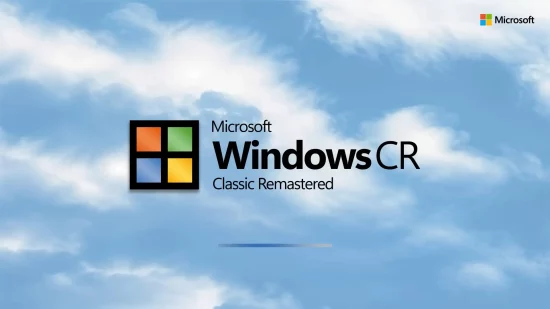 Écran de démarrage de Windows Classic Remastered avec le logo Microsoft CR sur fond de nuages