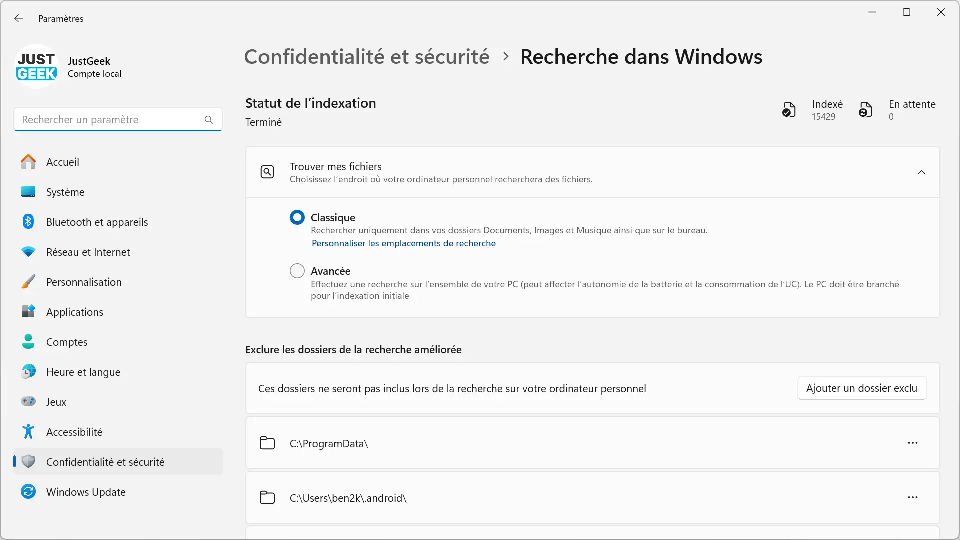 Paramètres de l’indexation de recherche dans Windows 11